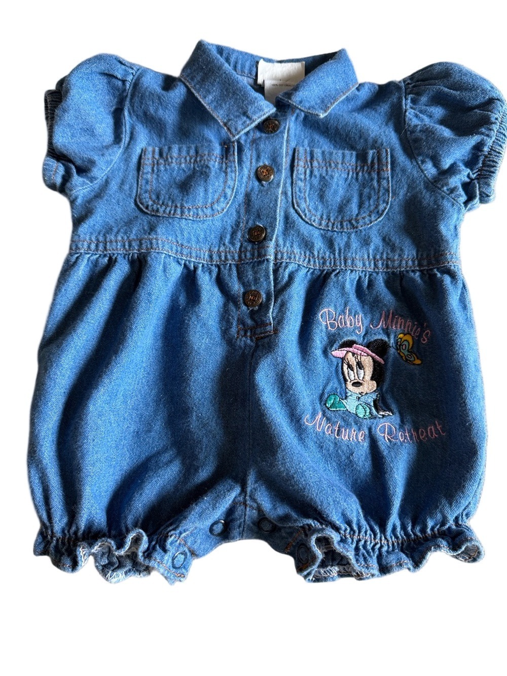 Disney Vintage Baby Minnie Onesie Denim Embroidered Butterfly Snap 0–6M